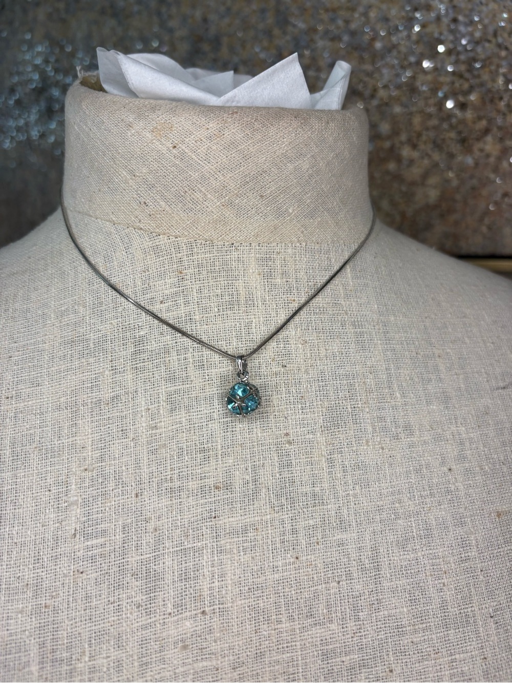 Vintage Aqua Blue Rhinestone Disco Ball Pendant Necklace Silver Snake Chain